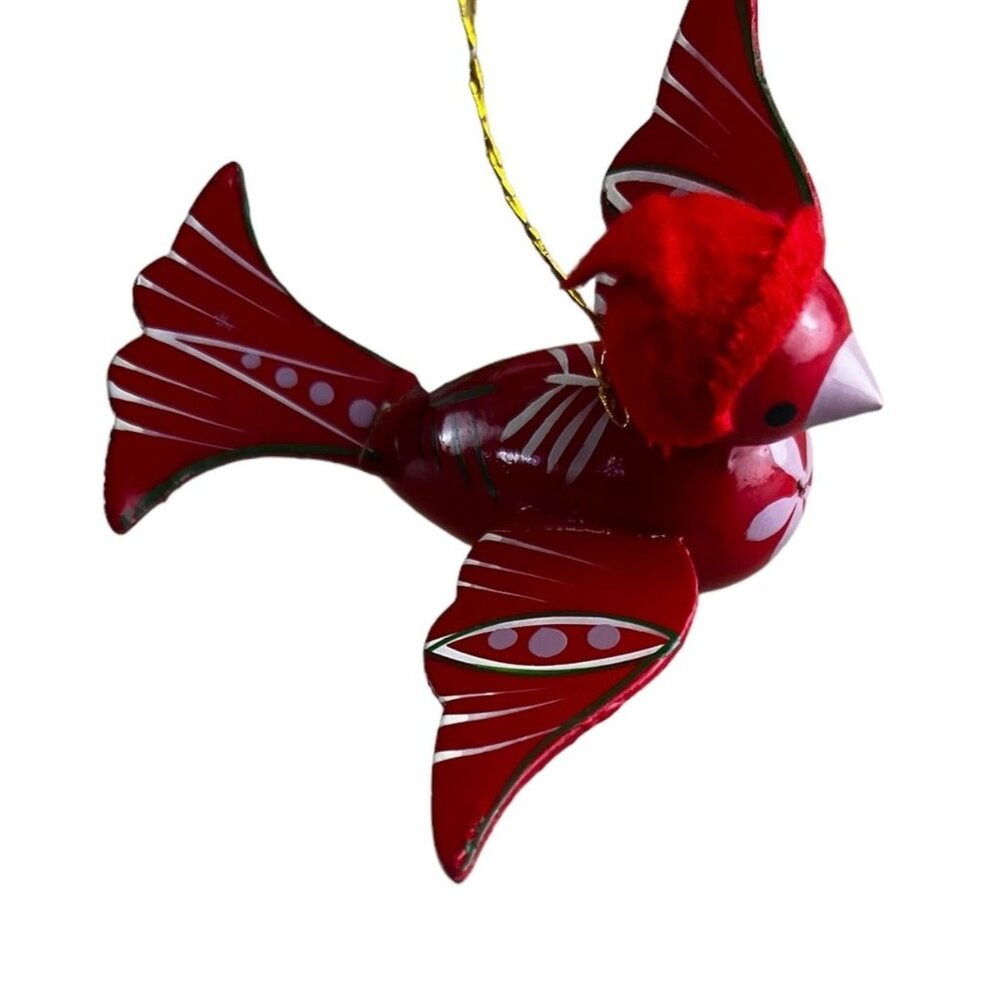Handmade Wooden Christmas Bird Ornament Cardinal Red & White Hand Painted Vtg